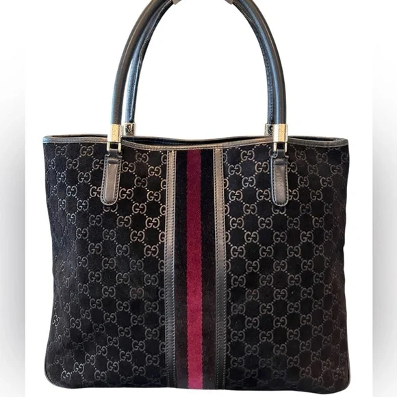 Gucci Black GG Canvas Tote with Burgundy Center Stripe - Picture 6 of 15